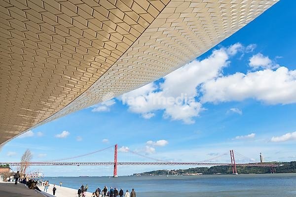25 April Bridge, former Salazar Bridge, over the Tagus as seen from MAAT, Museum of Art, Architecture and Technology, Lisbon, Portugal