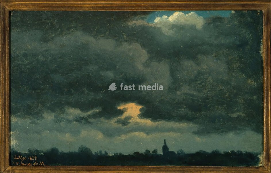 Stormy Sky over Landscape with Distant Church, Jean-Michel Cels, Belgian, 1819-1894, Oil on bluish-gray laid chain paper, Belgium, July 1838, 6 7/8 x 11 3/8 in., 17.5 x 28.9 cm, church, city, cloud, cloudhead, clouds, cloudy, European, foreboding, grey, plein air, sky, storm, stormy, sublime,…
