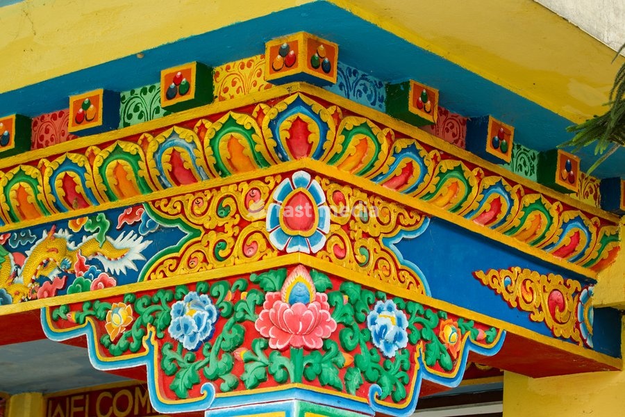 Ornately painted woodwork with religious motifs in the Pema Tsal Sakya Monastery, a Buddhist monastery, Pokhara, Nepal