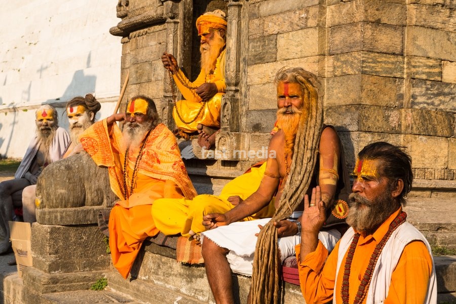 Sadhus, Hindu ascetics or holy men in the Pashupatinath temple complex in Kathmandu, Nepal. The dreadlocks have not been cut for 44 years