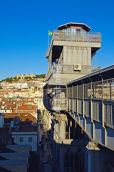 Lisbon, Santa Justa elevator and St George's Castle at background, Elevador de Santa Justa, Castelo de Sao Jorge, Portugal