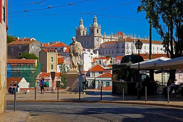 Lisbon, Sao Vicente de Fora church from Largo das Portas do Sol viewpoint, Alfama district, Portugal