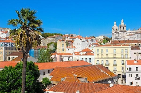 Lisbon, Sao Vicente de Fora church from Largo das Portas do Sol viewpoint, Alfama district, Portugal
