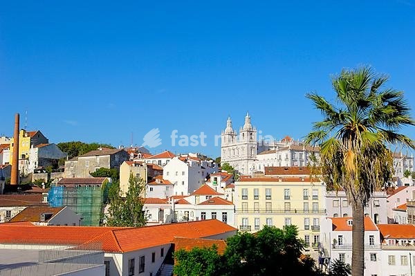 Lisbon, Sao Vicente de Fora church from Largo das Portas do Sol viewpoint, Alfama district, Portugal