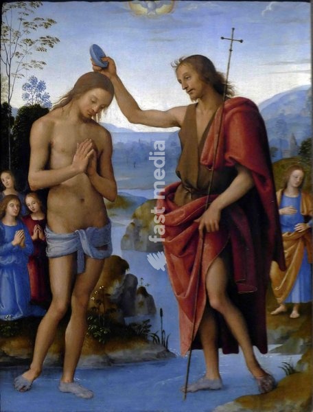 Baptism of Christ; 1498/1500 painting by Pietro Perugino (located in Vienna, Austria). Pietro Perugino (1446/1452 - 1523), was an Italian Renaissance painter of the Umbrian school, who developed some of the qualities that found classic expression in the High Renaissance