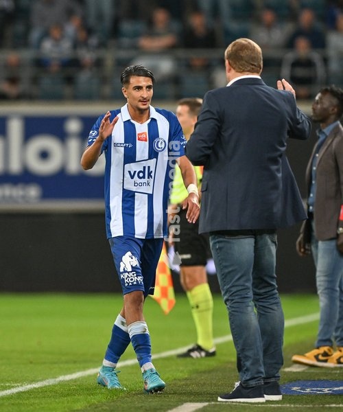 Gent's Ibrahim Salah and Gent's head coach Hein Vanhaezebrouck pictured during a soccer match between KAA Gent and SV Zulte Waregem, Sunday 11 September 2022 in Gent, on day 8 of the 2022-2023 'Jupiler Pro League' first division of the Belgian championship