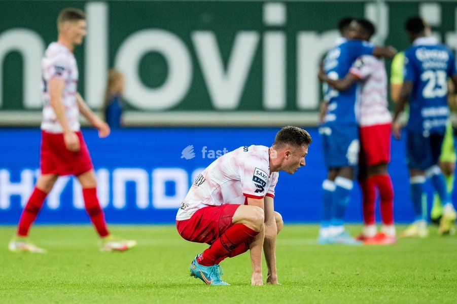 Essevee's Oleksandr Drambaiev looks dejected after losing a soccer match between KAA Gent and SV Zulte Waregem, Sunday 11 September 2022 in Gent, on day 8 of the 2022-2023 'Jupiler Pro League' first division of the Belgian championship