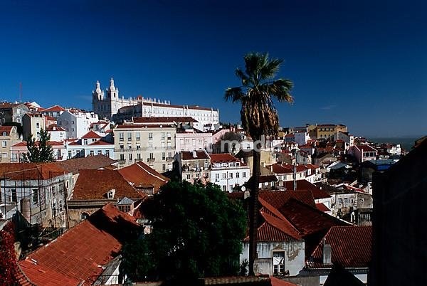 View of Alfama district and church Igreja de Sao Vicente de Fora, Alfama, Lisbon, Portugal