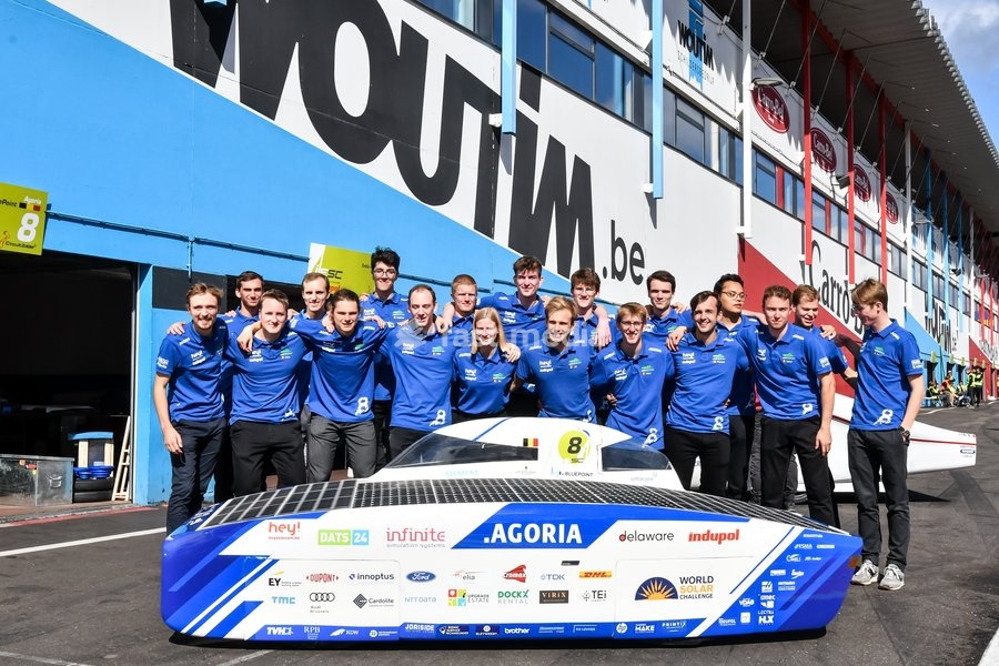 team Agoria poses during a royal visit to the iLumen European Solar Challenge (iESC), at the Zolder race track, in Heusden-Zolder, Friday 16 September 2022. The iESC is the only 24-hour car race for solar-powered vehicles in the world. The King meets the Agoria Solar Team, a team made up of Belgian…