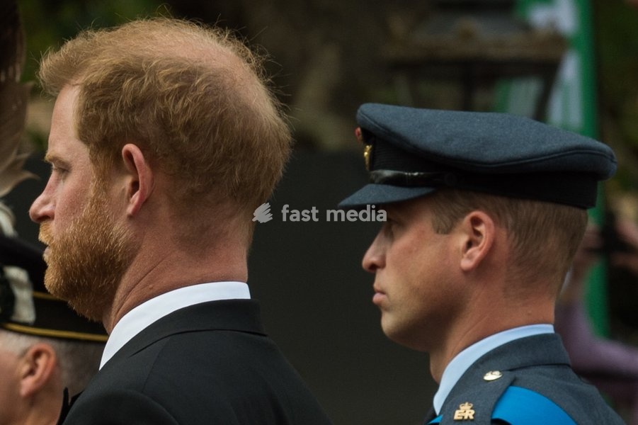 Harry, Duke of Sussex and William Prince of Wales walk behind the coffin during The State Funeral of Queen Elizabeth II on The Mall, 19th September 2022
