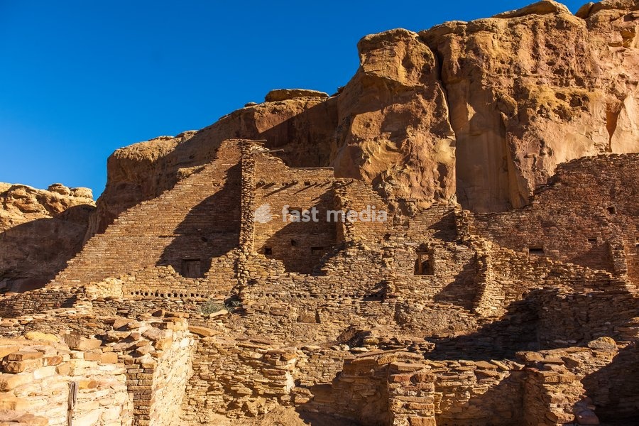 Pueblo Bonito, the ruin of an ancient Ancestral Puebloan Native American Great House in Chaco Culture National Historical Park. Chaco Culture is a UNESCO World Heritage Site