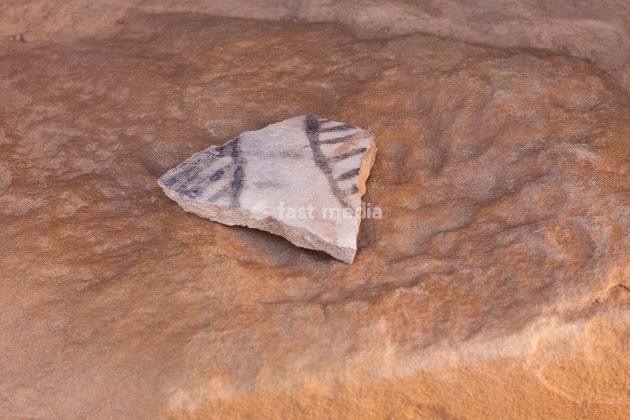 A potsherd of Ancestral Puebloan bichrome pottery found in Chaco Culture National Historical Park in New Mexico. Chaco Culture is a UNESCO World Heritage Site