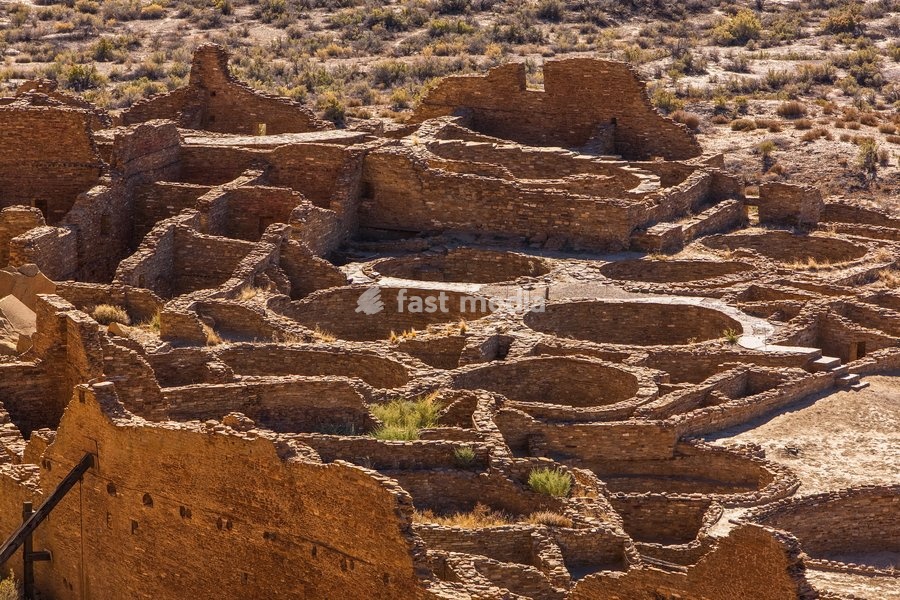 Pueblo Bonito, the ruin of an ancient Ancestral Puebloan Native American Great House in Chaco Culture National Historical Park. Chaco Culture is a UNESCO World Heritage Site