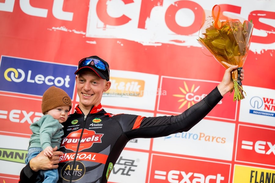 Belgian Michael Vanthourenhout celebrates on the podium after winning the men's elite race of the 'Berencross Meulebeke' cyclocross cycling event, race 3/8 in the 'Exact Cross' competition, Saturday 01 October 2022 in Meulebeke