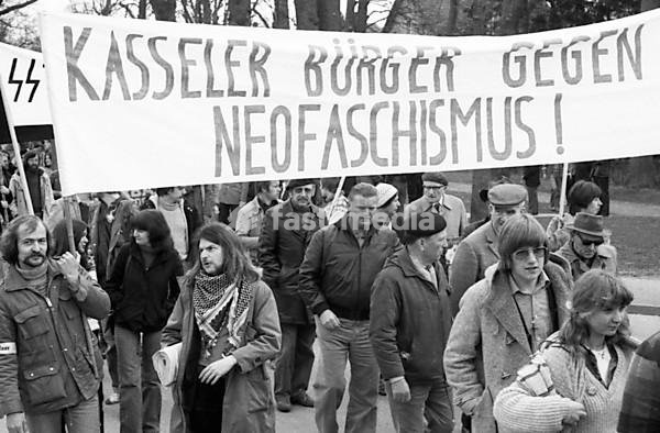 Nazi victims, youth associations, trade unions, young and old people and citizens' initiatives joined forces in a demonstration against a meeting of traditional SS associations 28.04.1979 in Arolsen, Germany