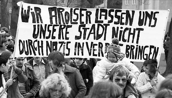 Nazi victims, youth associations, trade unions, young and old people and citizens' initiatives joined forces in a demonstration against a meeting of traditional SS associations 28.04.1979 in Arolsen, Germany