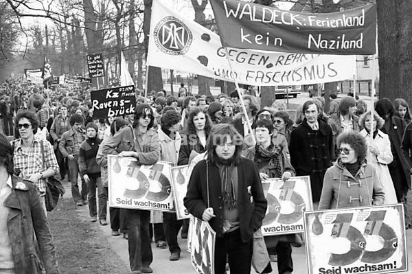 Nazi victims, youth associations, trade unions, young and old people and citizens' initiatives joined forces in a demonstration against a meeting of traditional SS associations 28.04.1979 in Arolsen, Germany
