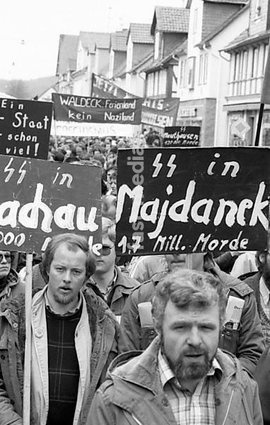Nazi victims, youth associations, trade unions, young and old people and citizens' initiatives joined forces in a demonstration against a meeting of traditional SS associations 28.04.1979 in Arolsen, Germany