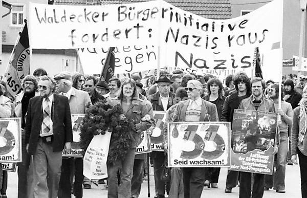 Nazi victims, youth associations, trade unions, young and old people and citizens' initiatives joined forces in a demonstration against a meeting of traditional SS associations 28.04.1979 in Arolsen, Germany