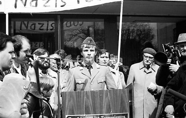 Nazi victims, youth associations, trade unions, young and old people and citizens' initiatives joined forces in a demonstration against a meeting of traditional SS associations in Arolsen on 28 April 1979. Bundeswehr soldiers, Germany