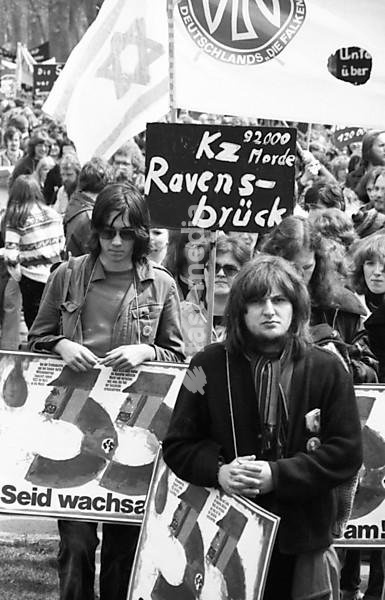Nazi victims, youth associations, trade unions, young and old people and citizens' initiatives joined forces in a demonstration against a meeting of traditional SS associations 28.04.1979 in Arolsen, Germany