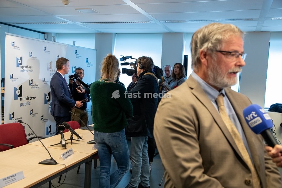 Brussel Prosecutor Tim De Wolf and Federal magistrate Eric Van der Sypt pictured during a press conference of the Brussels public prosecutor's office regarding on a stabbing incident where one police officer passed away in Brussels, Friday 11 November 2022. The incident took place on Thursday,…