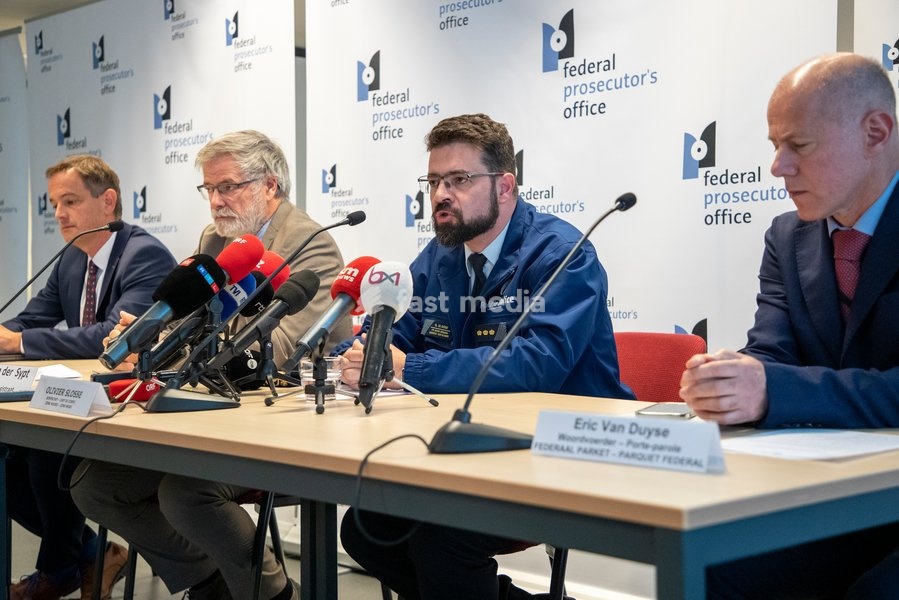 Brussel Prosecutor Tim De Wolf, Federal magistrate Eric Van der Sypt , Olivier Slosse Chief of Police Zone North and Federal magistrate Eric Van Duyse pictured during a press conference of the Brussels public prosecutor's office regarding on a stabbing incident where one police officer passed away…