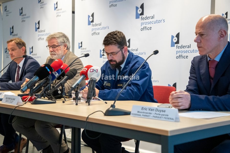 Brussel Prosecutor Tim De Wolf, Federal magistrate Eric Van der Sypt , Olivier Slosse Chief of Police Zone North and Federal magistrate Eric Van Duyse pictured during a press conference of the Brussels public prosecutor's office regarding on a stabbing incident where one police officer passed away…