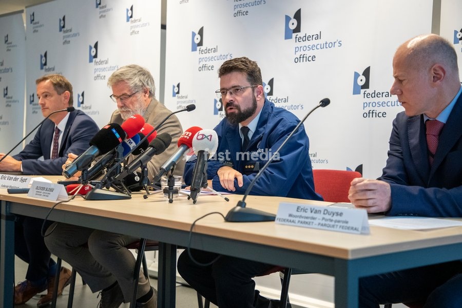 Brussel Prosecutor Tim De Wolf, Federal magistrate Eric Van der Sypt , Olivier Slosse Chief of Police Zone North and Federal magistrate Eric Van Duyse pictured during a press conference of the Brussels public prosecutor's office regarding on a stabbing incident where one police officer passed away…