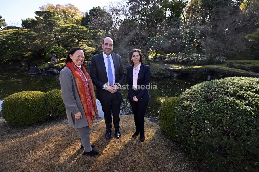 ambassador of Belgium in Japan Roxane de Bilderling, State Secretary Mathieu Michel and Federal Minister Hadja Lahbib pose for the photographer after the commemoration of the 100th anniversary of the 1920s Japanese book donation to the University of Louvain - Leuven, during the Belgian Economic…