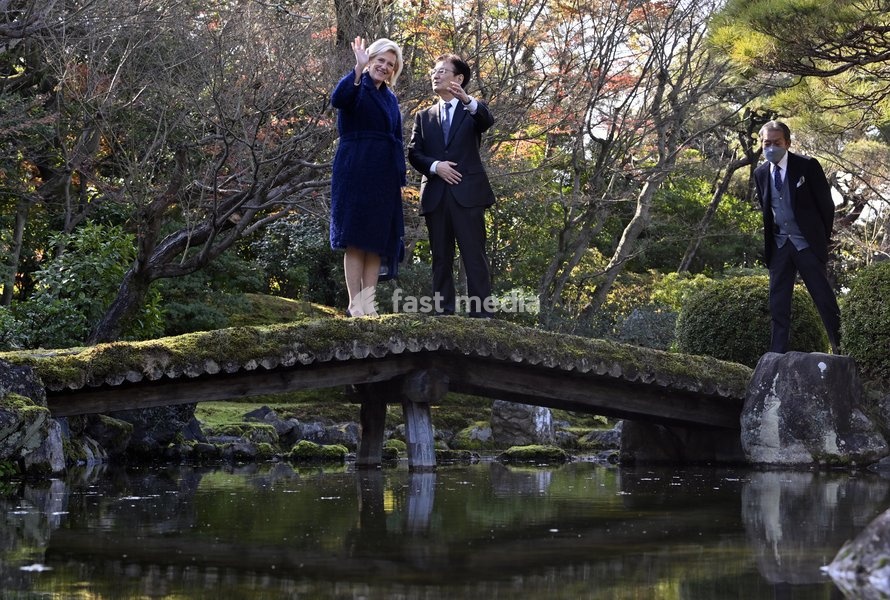 Princess Astrid of Belgium poses for the photographer after the commemoration of the 100th anniversary of the 1920s Japanese book donation to the University of Louvain - Leuven, during the Belgian Economic Mission to Japan, Friday 09 December 2022 in Kyoto. A delegation featuring the Princess and…