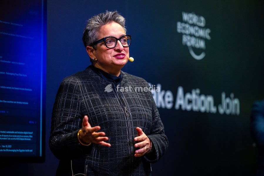 Shamina Singh, President, Mastercard Center for Inclusive Growth; Executive Vice-President, Sustainability, Mastercard, USA, speaking during The Big Opportunity Behind Small Businesses session at the World Economic Forum Annual Meeting 2023 in Davos-Klosters, Switzerland, 17 January. Congress…