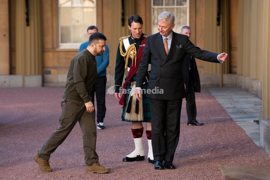 Ukrainian President Volodymyr Zelensky is greeted by Sir Clive Alderton, Principal Private Secretary to King Charles III, as he arrives for an audience with the King at Buckingham Palace, London, during his first visit to the UK since the Russian invasion of Ukraine. Picture date: Wednesday…