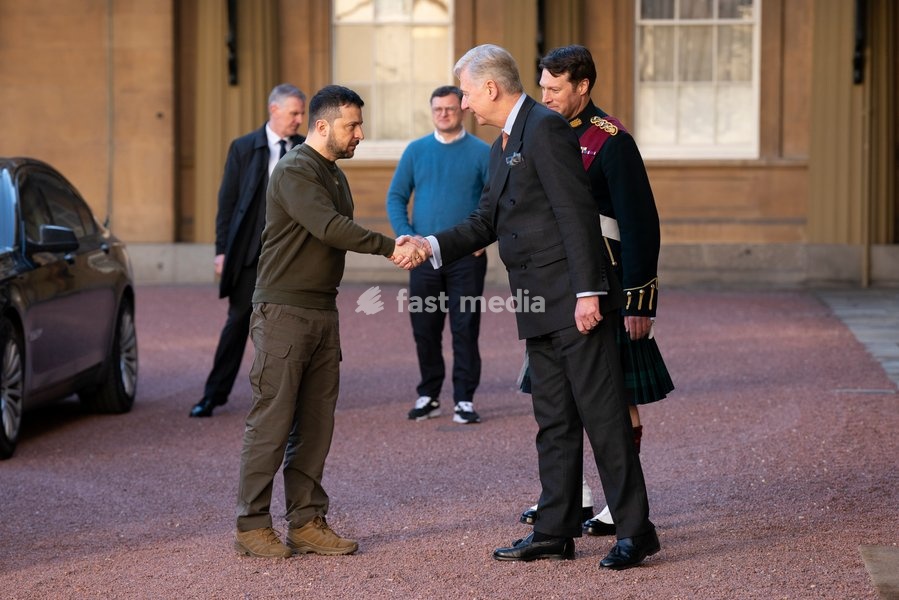 Ukrainian President Volodymyr Zelensky is greeted by Sir Clive Alderton, Principal Private Secretary to King Charles III, as he arrives for an audience with the King at Buckingham Palace, London, during his first visit to the UK since the Russian invasion of Ukraine. Picture date: Wednesday…