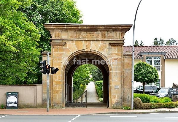 Cemetery gate from 1839, Westerkappeln, Münsterland, North Rhine-Westphalia, Germany