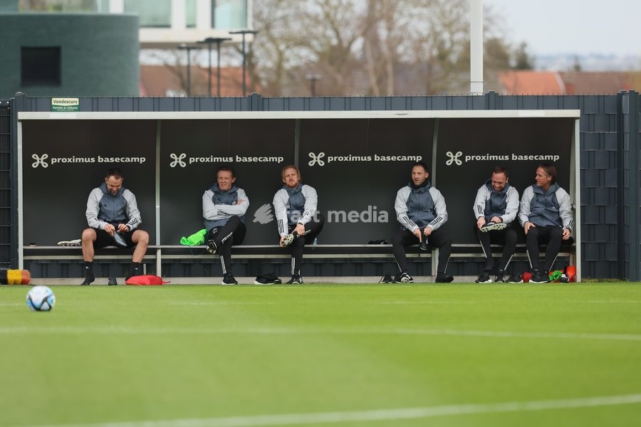 Members of the new Red Devils staff, including goalkeeper coach Max Urwantschky, KBVB-URBSFA Sorts Director Football Frank Vercauteren, assistant coach Luke Benstead, Belgium's head coach Domenico Tedesco, assistant coach Andreas Hinkel and assistant coach Thomas Schneider pictured during a…