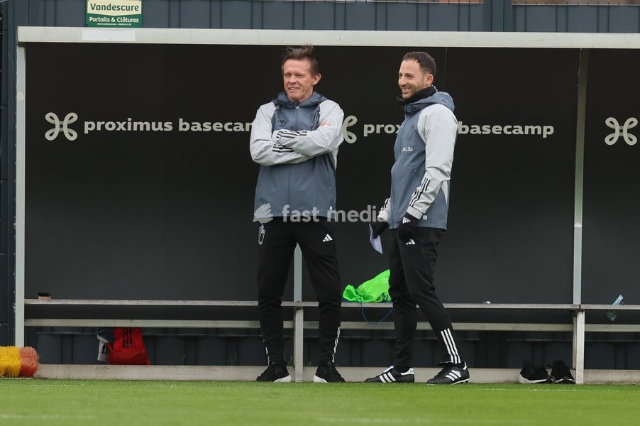 KBVB-URBSFA Sorts Director Football Frank Vercauteren and Belgium's head coach Domenico Tedesco pictured during a training session of Belgian national soccer team Red Devils, Tuesday 21 March 2023, at the Royal Belgian Football Association RBFA's headquarters in Tubize. The Red Devils are preparing…