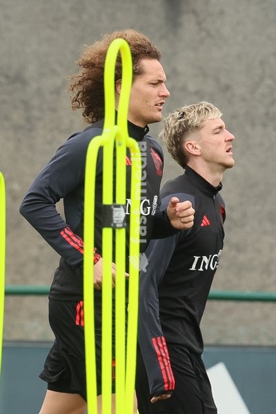 Belgium's Wout Faes and Belgium's Alexis Saelemaekers pictured during a training session of Belgian national soccer team Red Devils, Tuesday 21 March 2023, at the Royal Belgian Football Association RBFA's headquarters in Tubize. The Red Devils are preparing for the upcoming games against Sweden and…