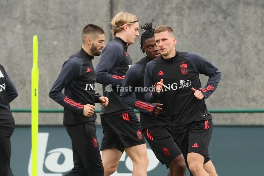 Belgium's Yannick Carrasco and Belgium's Dennis Praet pictured during a training session of Belgian national soccer team Red Devils, Tuesday 21 March 2023, at the Royal Belgian Football Association RBFA's headquarters in Tubize. The Red Devils are preparing for the upcoming games against Sweden and…