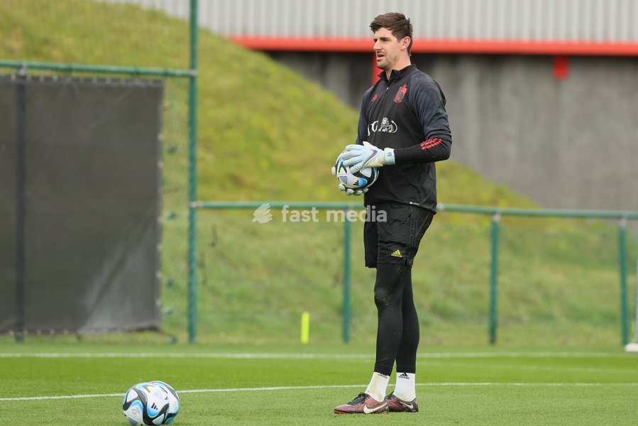 Belgium's goalkeeper Thibaut Courtois pictured during a training session of Belgian national soccer team Red Devils, Tuesday 21 March 2023, at the Royal Belgian Football Association RBFA's headquarters in Tubize. The Red Devils are preparing for the upcoming games against Sweden and Germany
