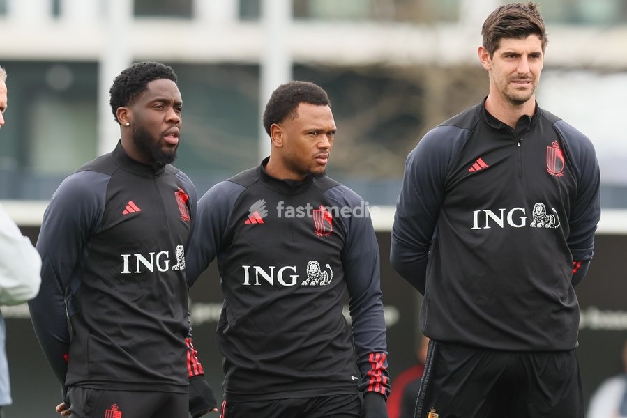 Belgium's Orel Mangala, Belgium's Lois Openda and Belgium's goalkeeper Thibaut Courtois pictured during a training session of Belgian national soccer team Red Devils, Tuesday 21 March 2023, at the Royal Belgian Football Association RBFA's headquarters in Tubize. The Red Devils are preparing for the…