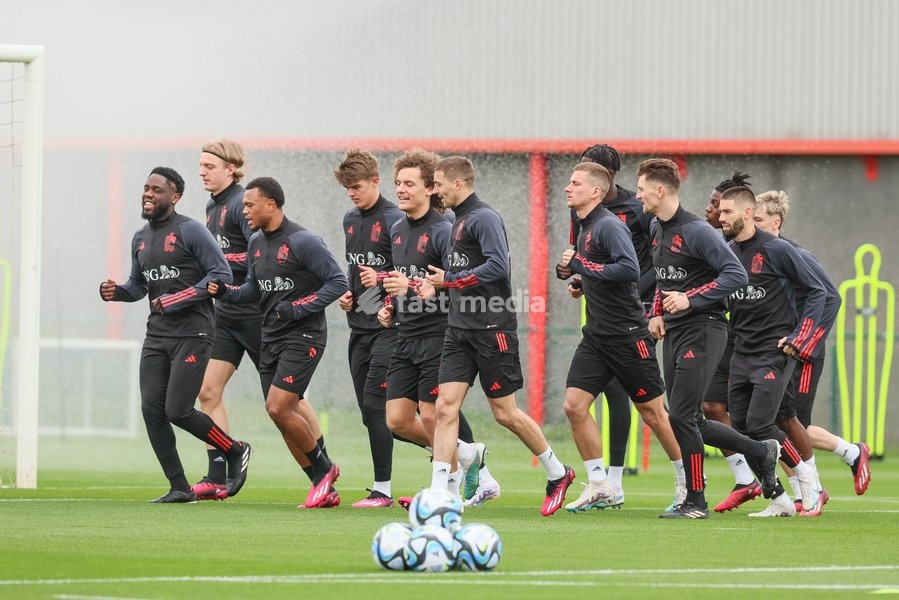 Belgium's players pictured during a training session of Belgian national soccer team Red Devils, Tuesday 21 March 2023, at the Royal Belgian Football Association RBFA's headquarters in Tubize. The Red Devils are preparing for the upcoming games against Sweden and Germany
