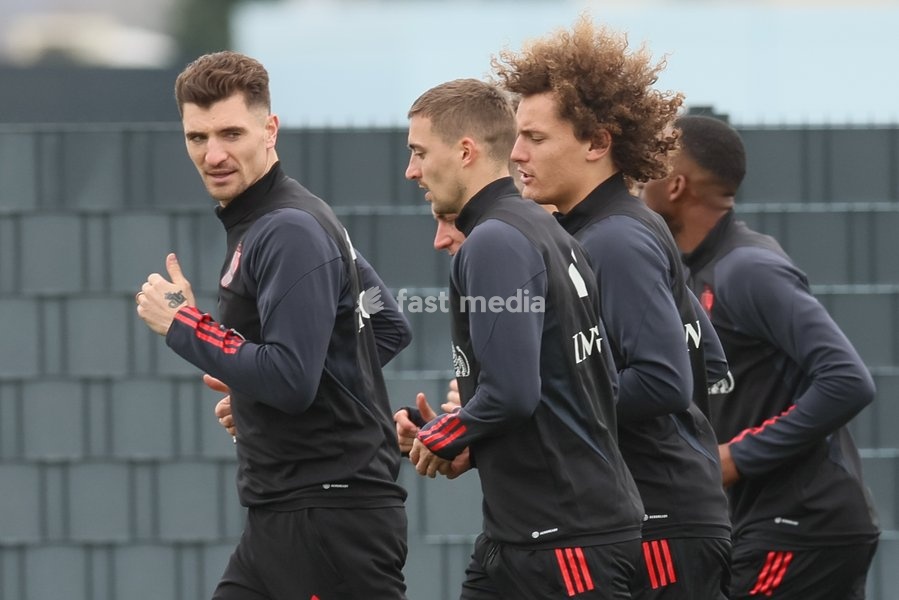Belgium's Thomas Meunier, Belgium's Timothy Castagne and Belgium's Wout Faes pictured during a training session of Belgian national soccer team Red Devils, Tuesday 21 March 2023, at the Royal Belgian Football Association RBFA's headquarters in Tubize. The Red Devils are preparing for the upcoming…