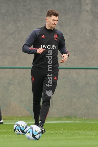 Belgium's Thomas Meunier pictured during a training session of Belgian national soccer team Red Devils, Tuesday 21 March 2023, at the Royal Belgian Football Association RBFA's headquarters in Tubize. The Red Devils are preparing for the upcoming games against Sweden and Germany