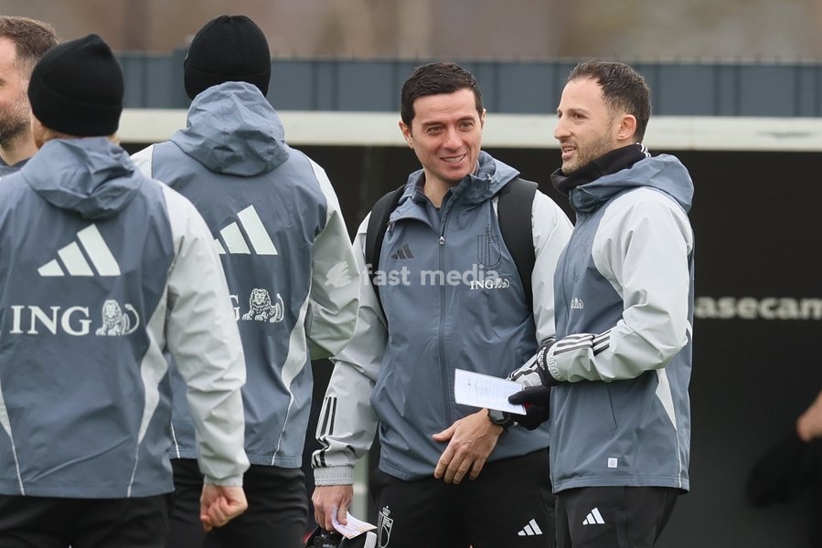 physical coach Vladimir Cepzanovic and Belgium's head coach Domenico Tedesco pictured during a training session of Belgian national soccer team Red Devils, Tuesday 21 March 2023, at the Royal Belgian Football Association RBFA's headquarters in Tubize. The Red Devils are preparing for the upcoming…