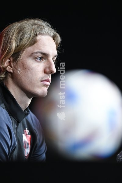 Belgium's Sebastiaan Bornauw pictured during a press conference of Belgian national soccer team Red Devils, Sunday 26 March 2023, at the Royal Belgian Football Association RBFA's headquarters in Tubize. The Red Devils are preparing for the upcoming game against Germany