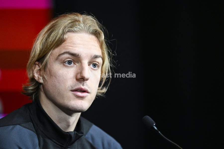 Belgium's Sebastiaan Bornauw pictured during a press conference of Belgian national soccer team Red Devils, Sunday 26 March 2023, at the Royal Belgian Football Association RBFA's headquarters in Tubize. The Red Devils are preparing for the upcoming game against Germany