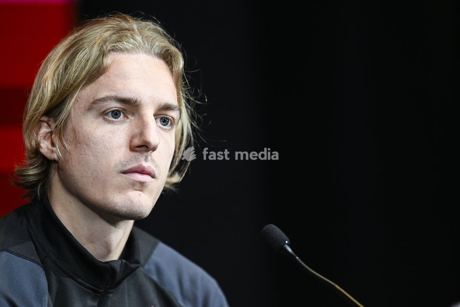 Belgium's Sebastiaan Bornauw pictured during a press conference of Belgian national soccer team Red Devils, Sunday 26 March 2023, at the Royal Belgian Football Association RBFA's headquarters in Tubize. The Red Devils are preparing for the upcoming game against Germany