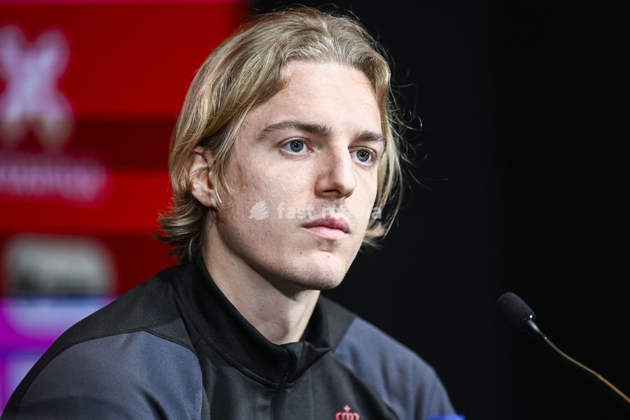 Belgium's Sebastiaan Bornauw pictured during a press conference of Belgian national soccer team Red Devils, Sunday 26 March 2023, at the Royal Belgian Football Association RBFA's headquarters in Tubize. The Red Devils are preparing for the upcoming game against Germany