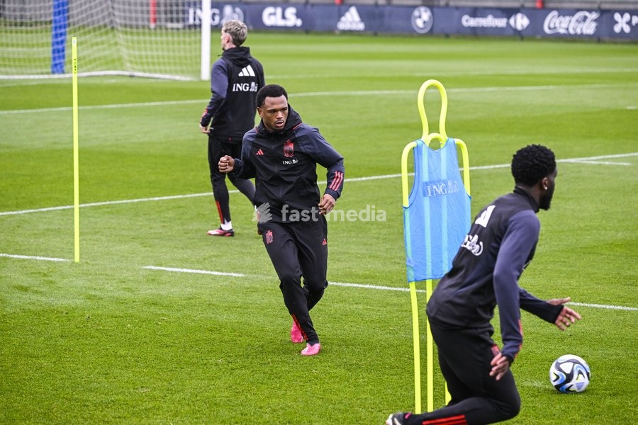 Belgium's Lois Openda pictured in action during a training session of Belgian national soccer team Red Devils, Sunday 26 March 2023, at the Royal Belgian Football Association RBFA's headquarters in Tubize. The Red Devils are preparing for the upcoming game against Germany